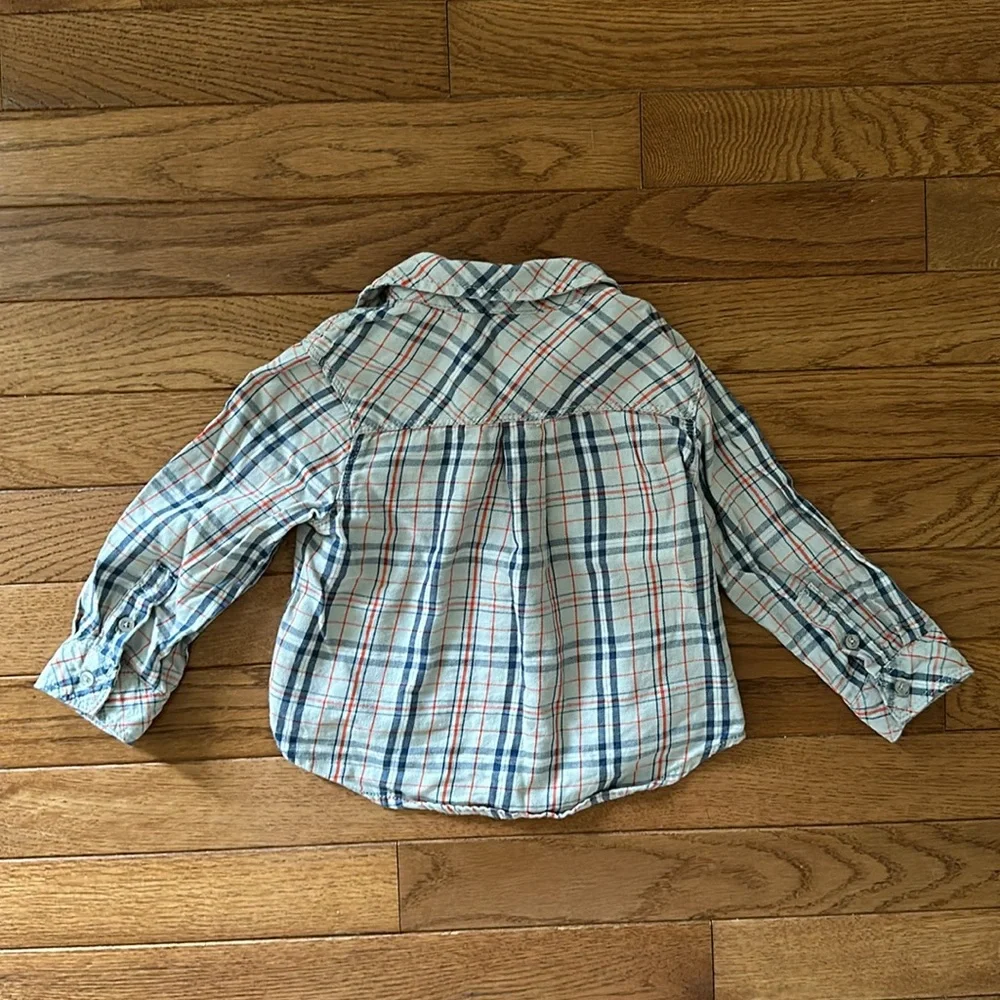 👶🏻 SPLENDID BABY Boys Button Down Shirt 12-18 months tan red blue euc